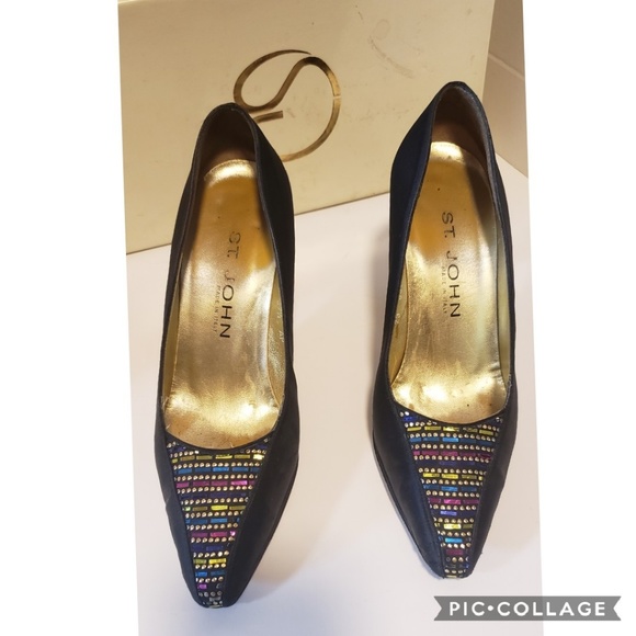 ST.John Black & Multi Color Emblished Satin Pumps - Picture 3 of 8
